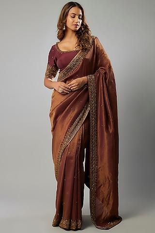 maroon tissue georgette glass bead embellished saree set