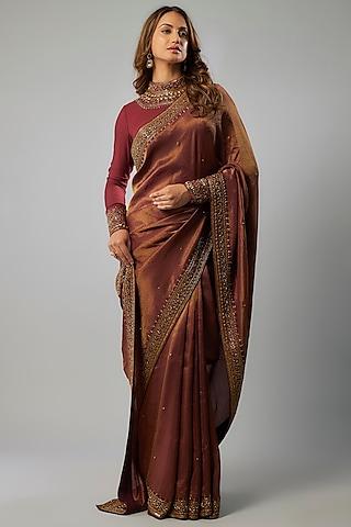 maroon tissue georgette glass bead embellished saree set