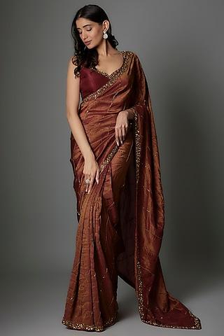 maroon tissue georgette hand embellished saree set
