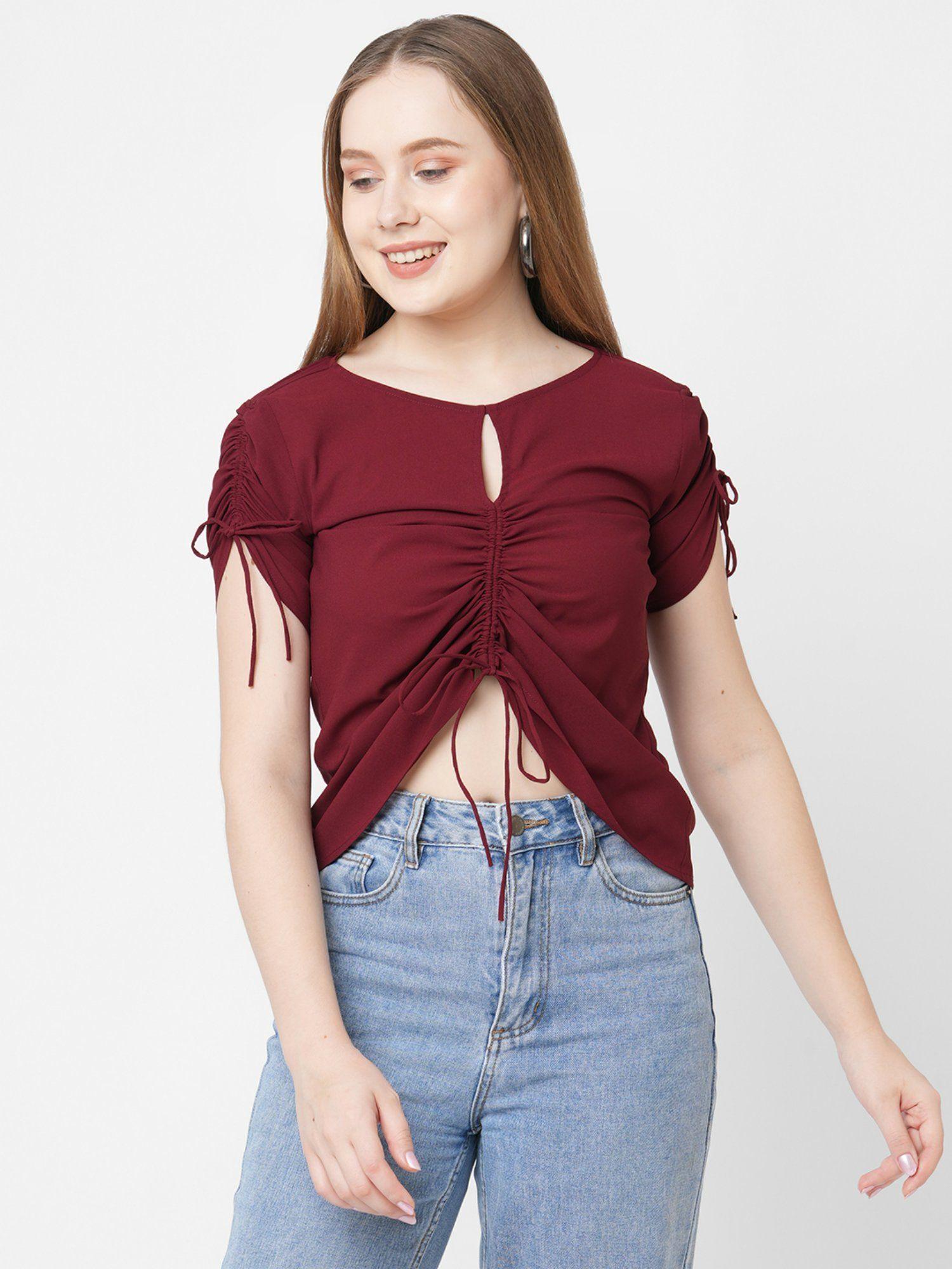 maroon top with drawstring at waist and sleeve