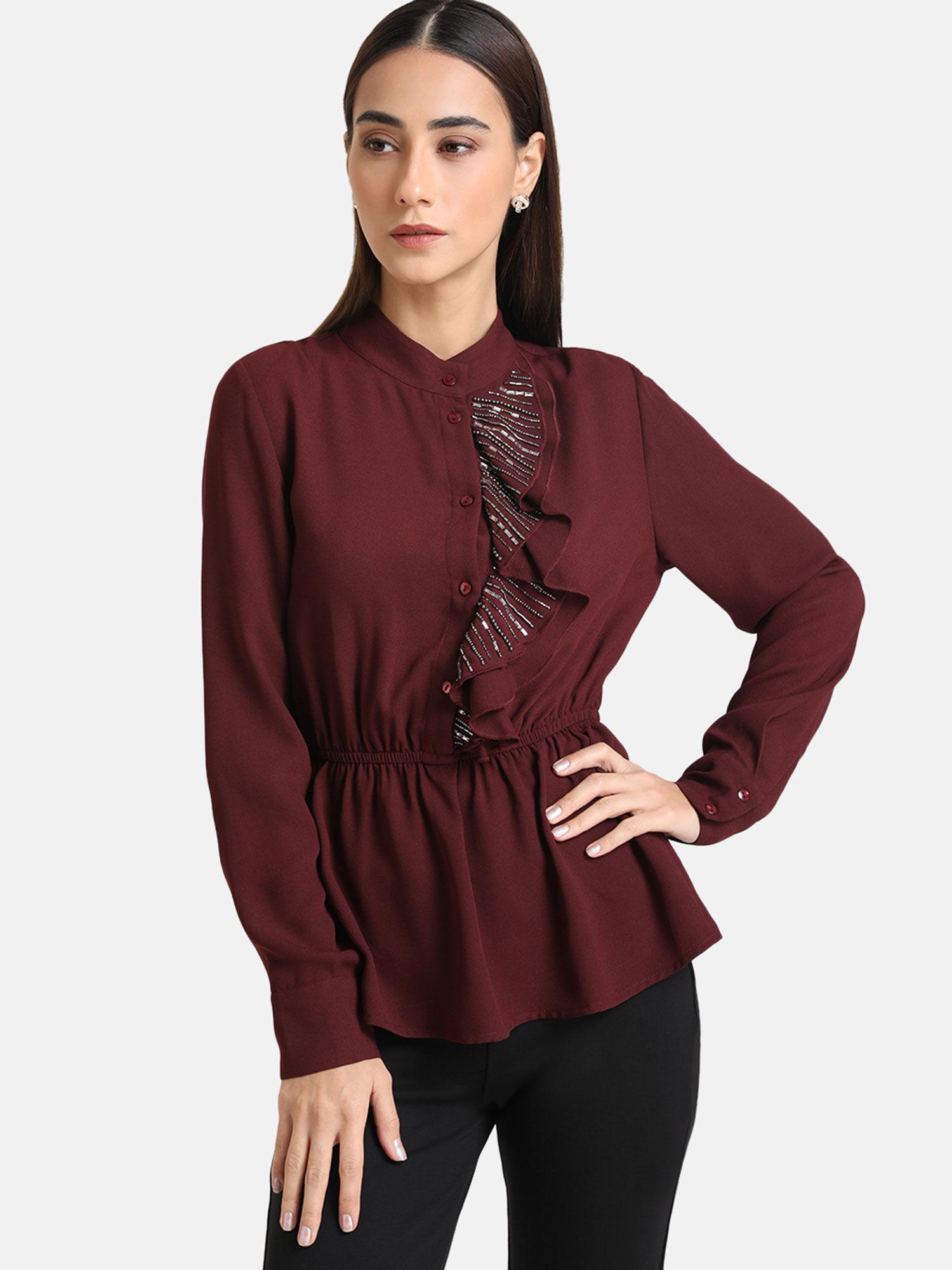 maroon top with embellished ruffle