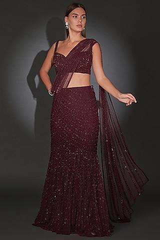 maroon tulle embellished draped saree set