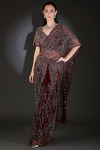 maroon tulle embroidered saree set