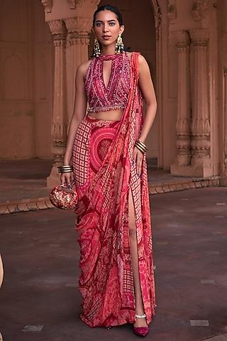 maroon tulle georgette & crepe thikri printed skirt saree set