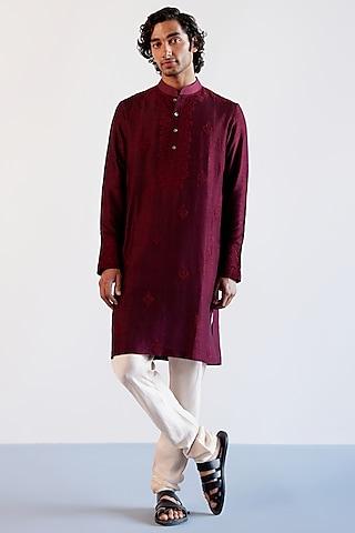 maroon tussar silk thread embroidered kurta set