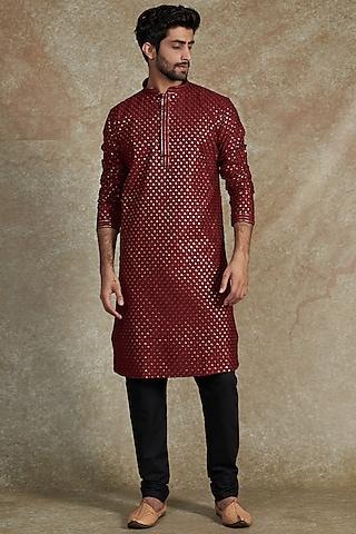 maroon uppada silk embroidered kurta set