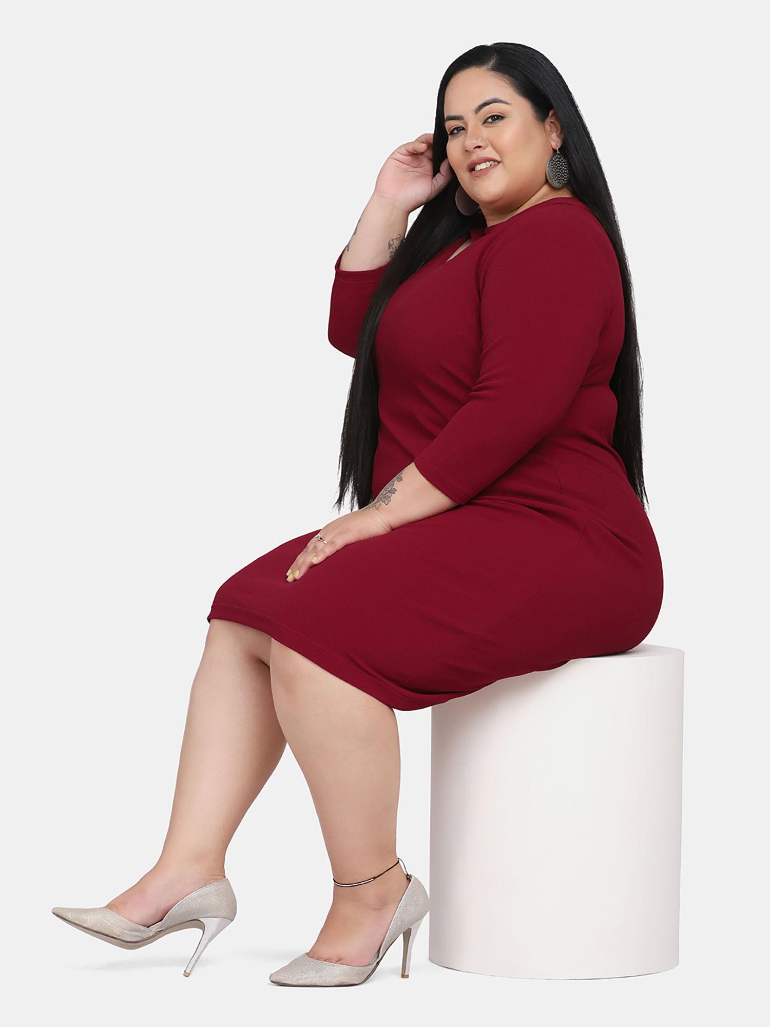 maroon v-neck knit stretch dress