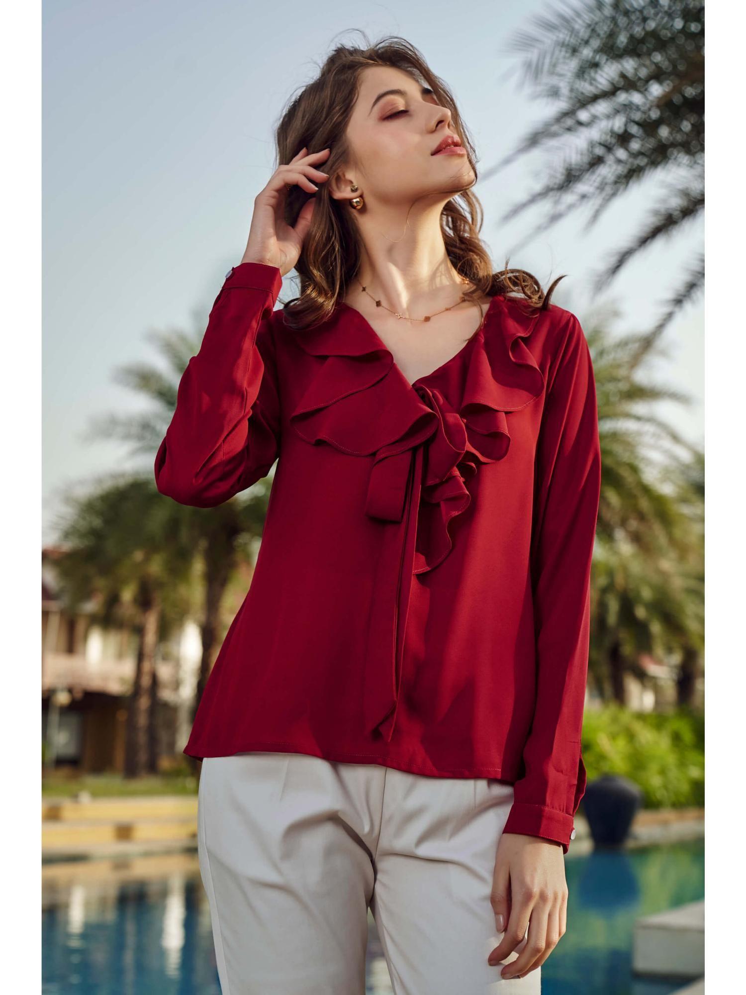 maroon v neck ruffle knot top