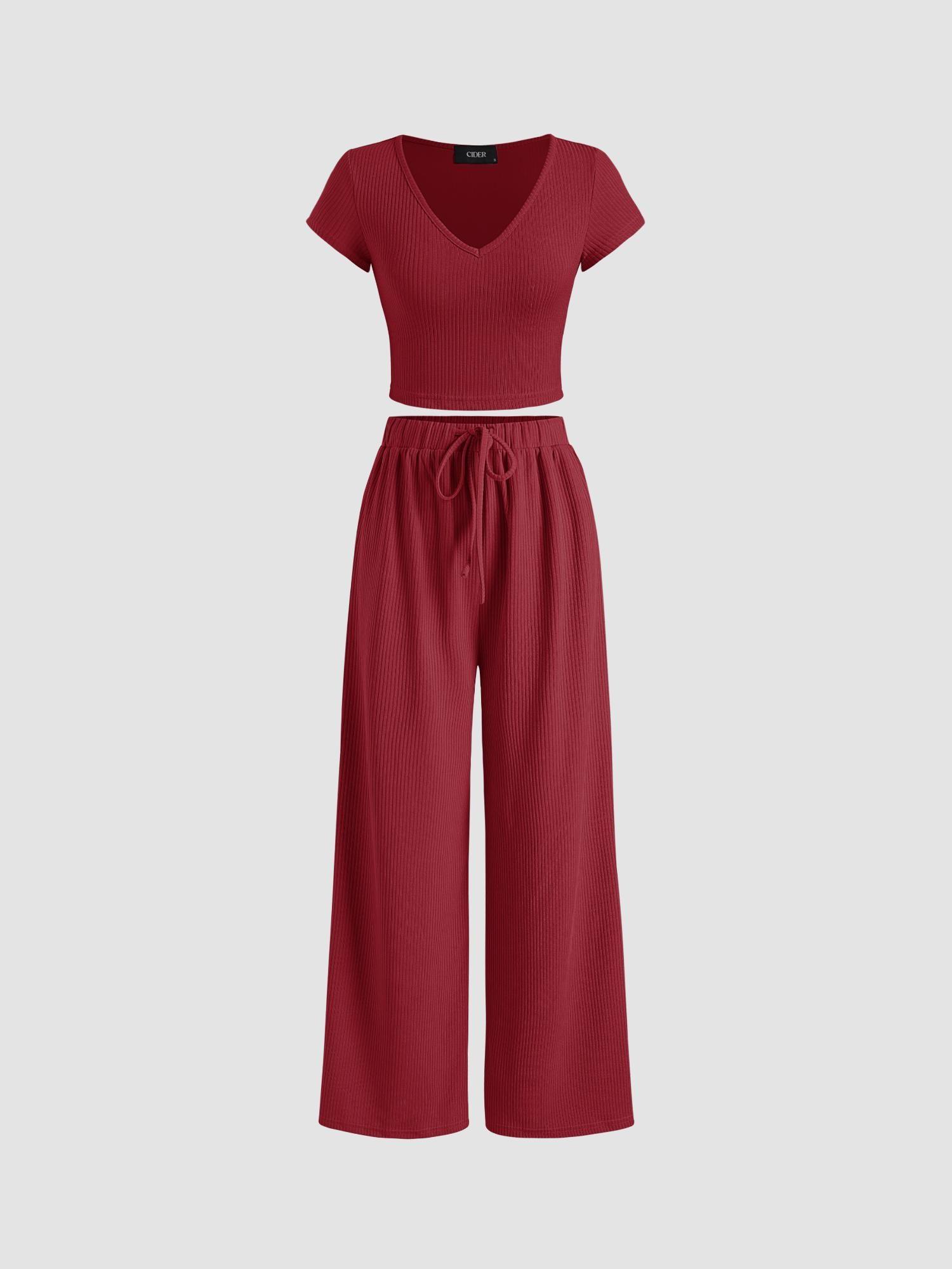 maroon v-neck short sleeve crop tee and knotted wide leg pant (set of 2)