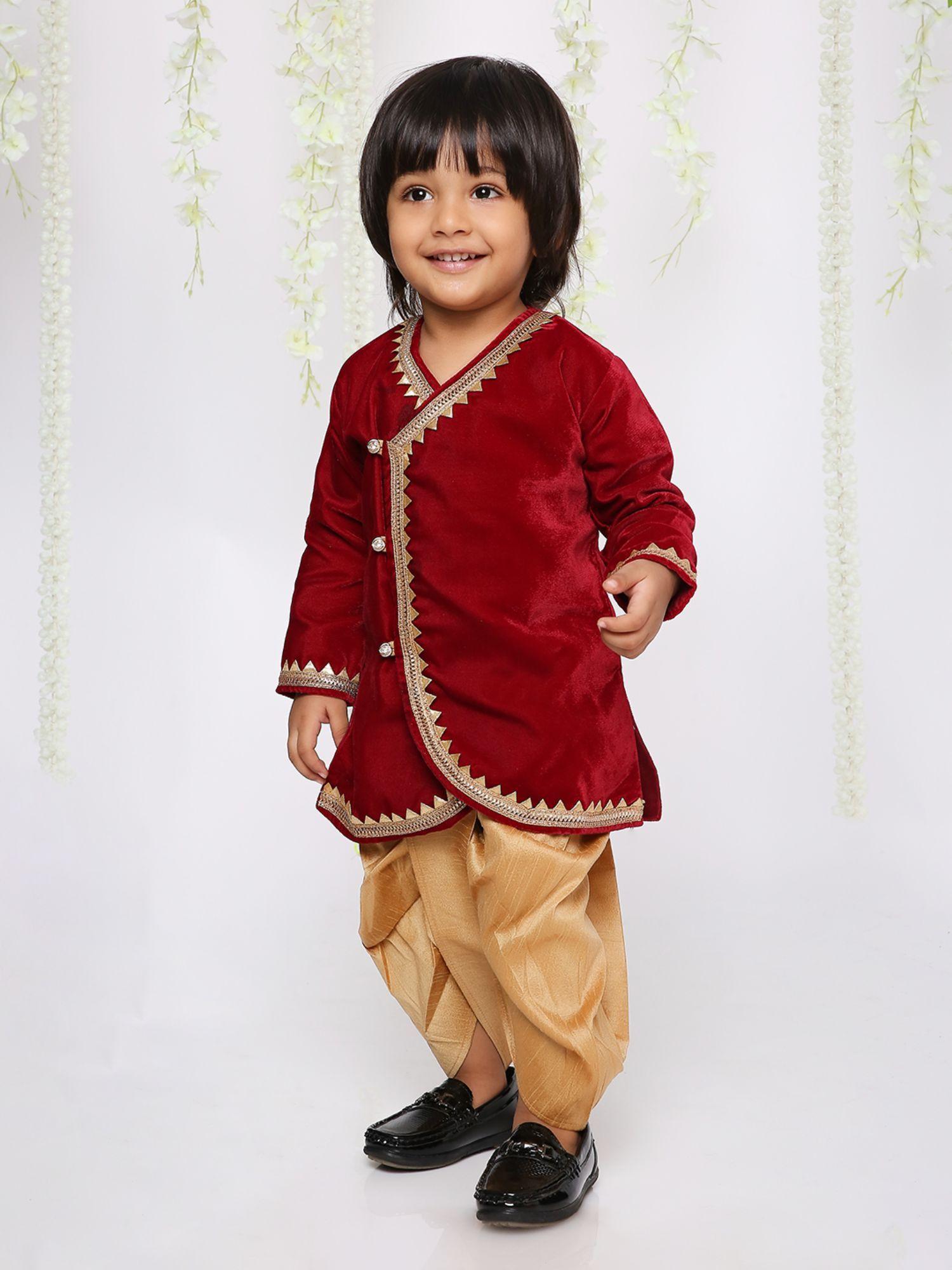maroon velvet angrakha sherwani with dhoti (set of 2)