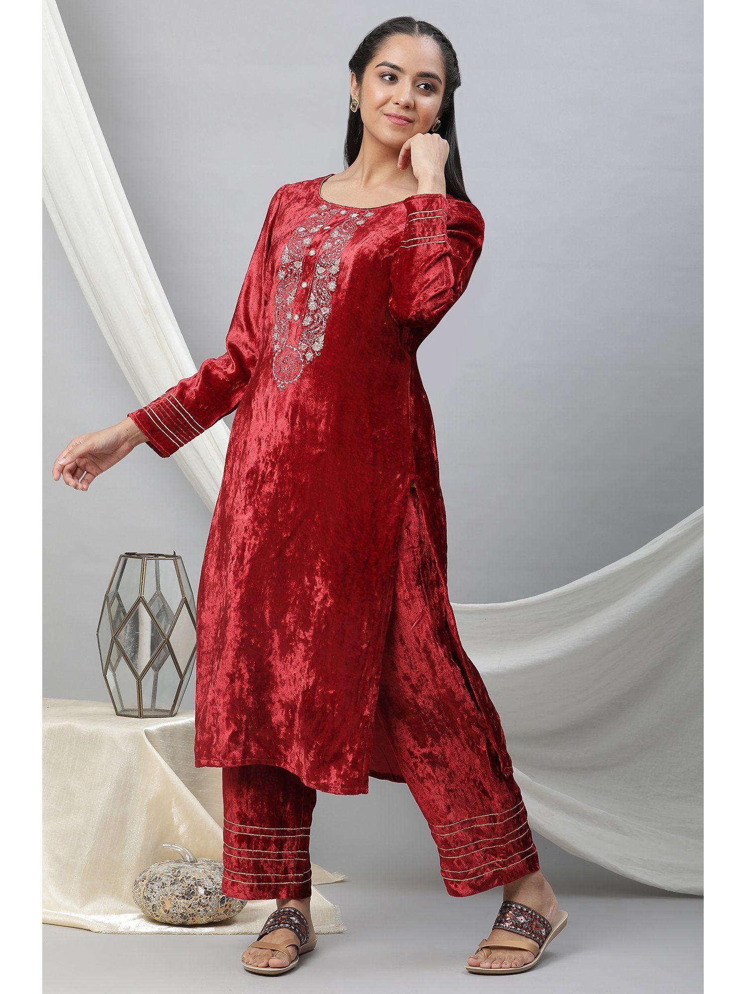 maroon velvet embellished kurta and palazzo (set of 2)