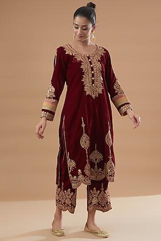 maroon velvet embroidered kurta set