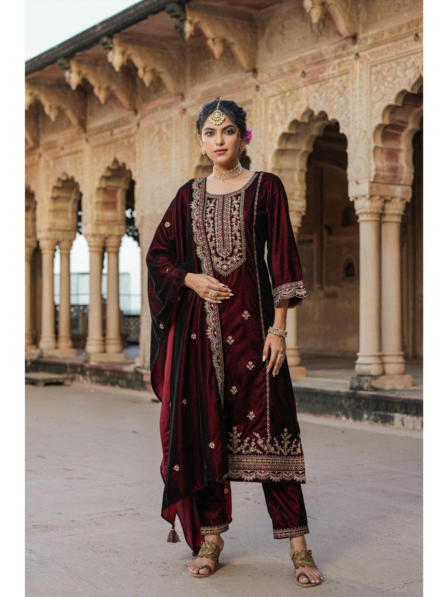 maroon velvet embroidered pakistani suit (set of 3)