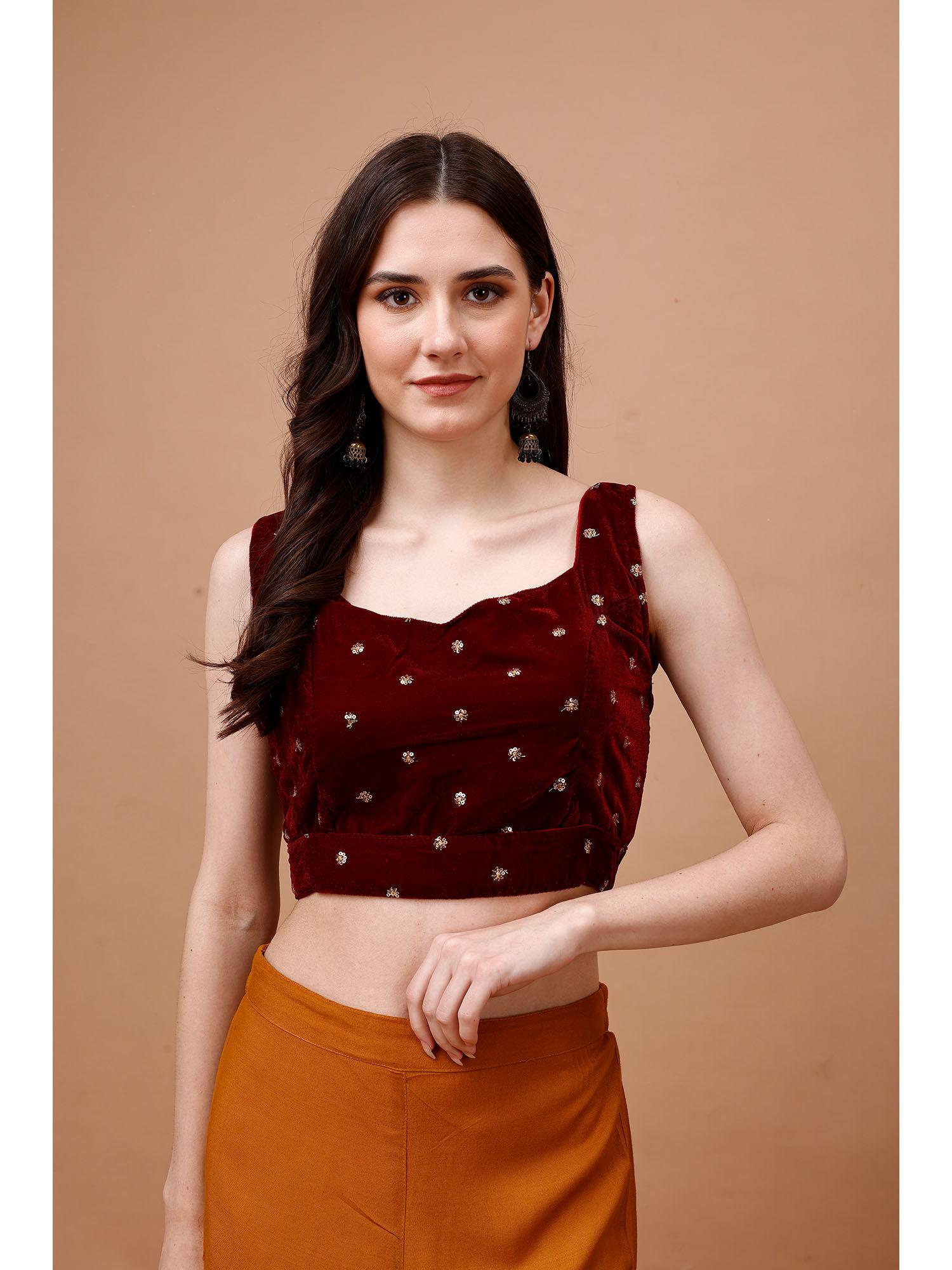 maroon velvet embroidered sweetheart blouse