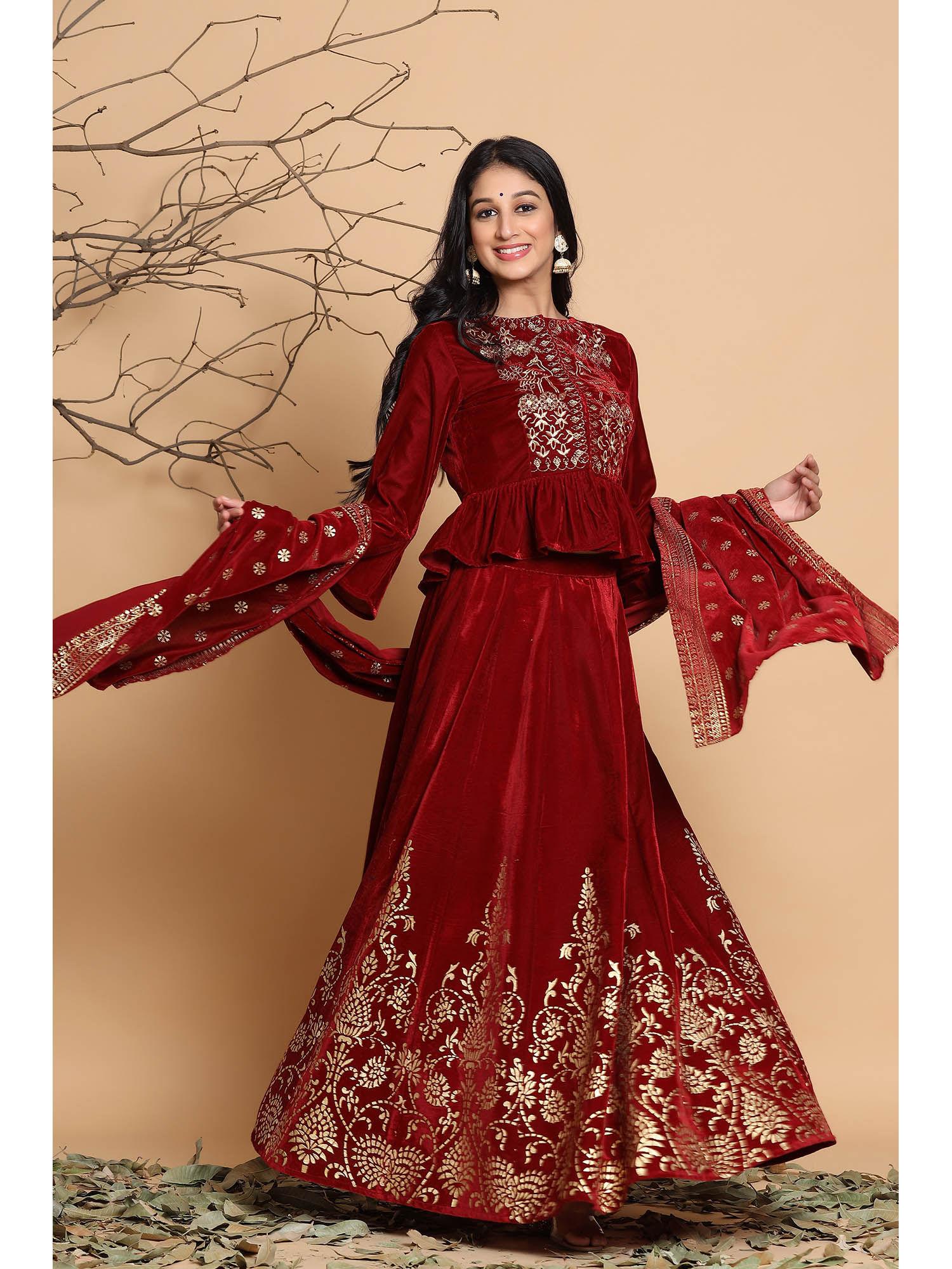 maroon velvet ethnic motif printed lehenga choli & dupatta set
