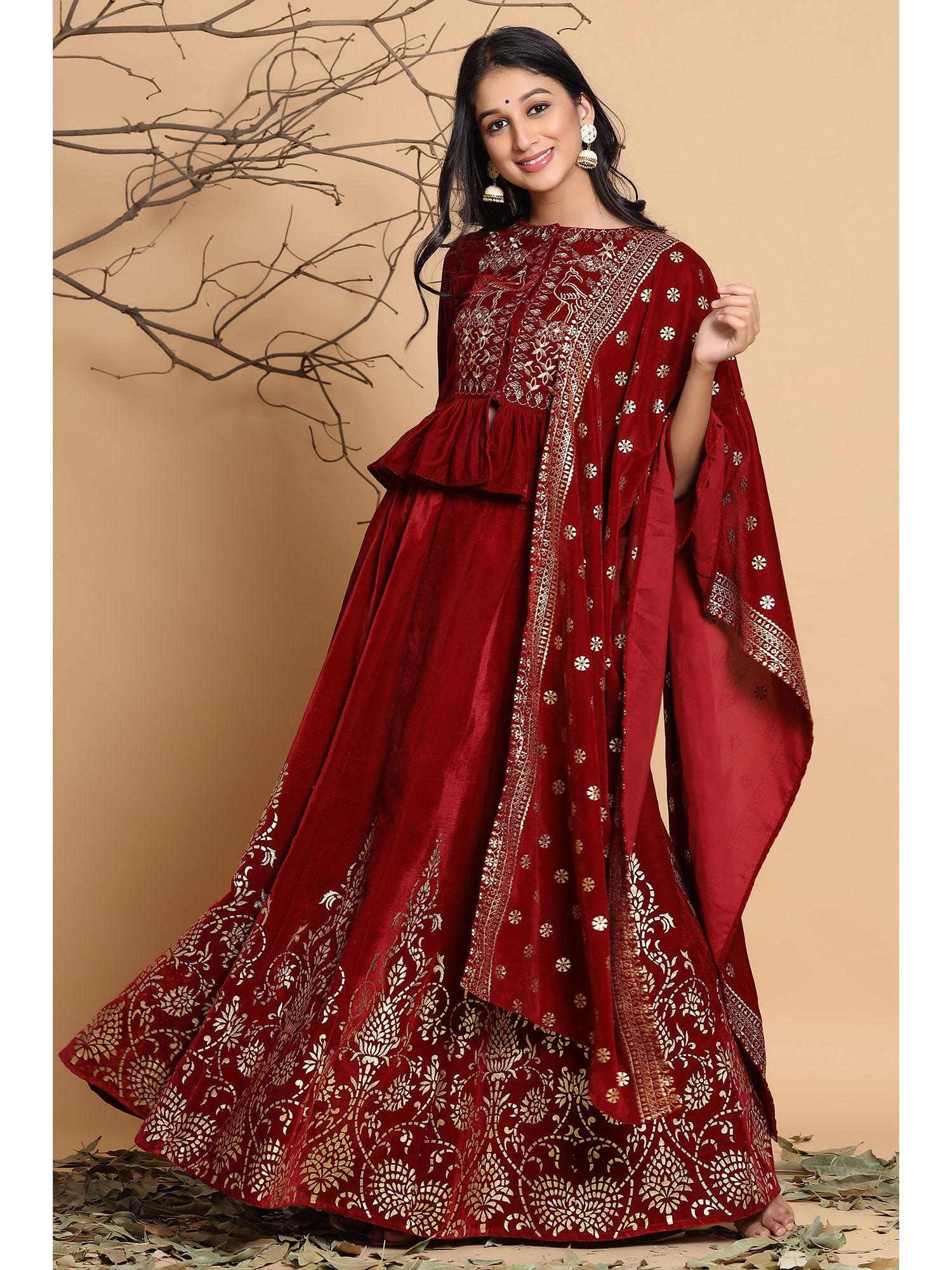 maroon velvet ethnic motif printed lehenga choli & dupatta set