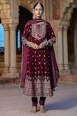 maroon velvet foil printed anarkali set