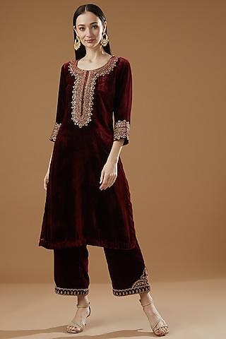 maroon velvet hand embroidered kurta set