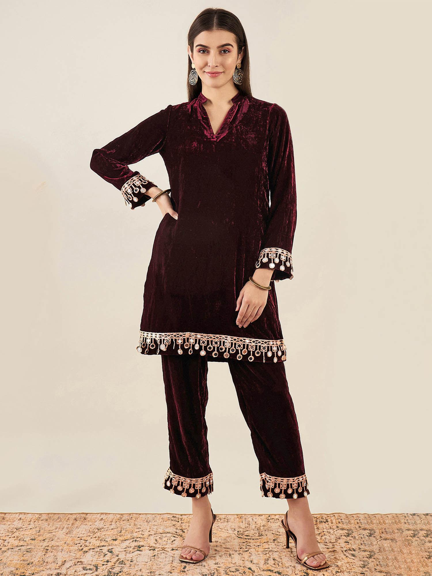 maroon velvet kurta & pant with mirror lace (set of 2)