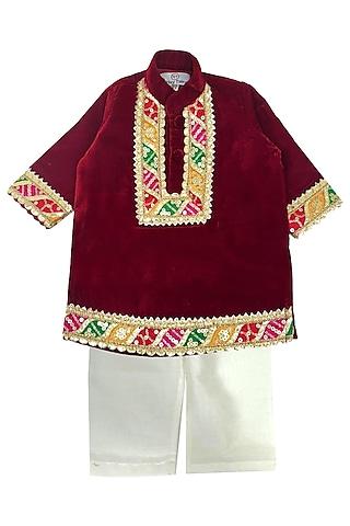 maroon velvet lace work kurta set for boys