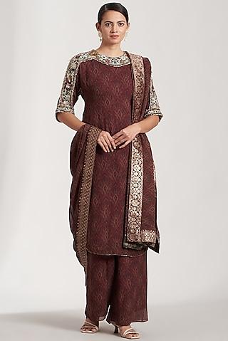 maroon velvet printed & embroidered kurta set