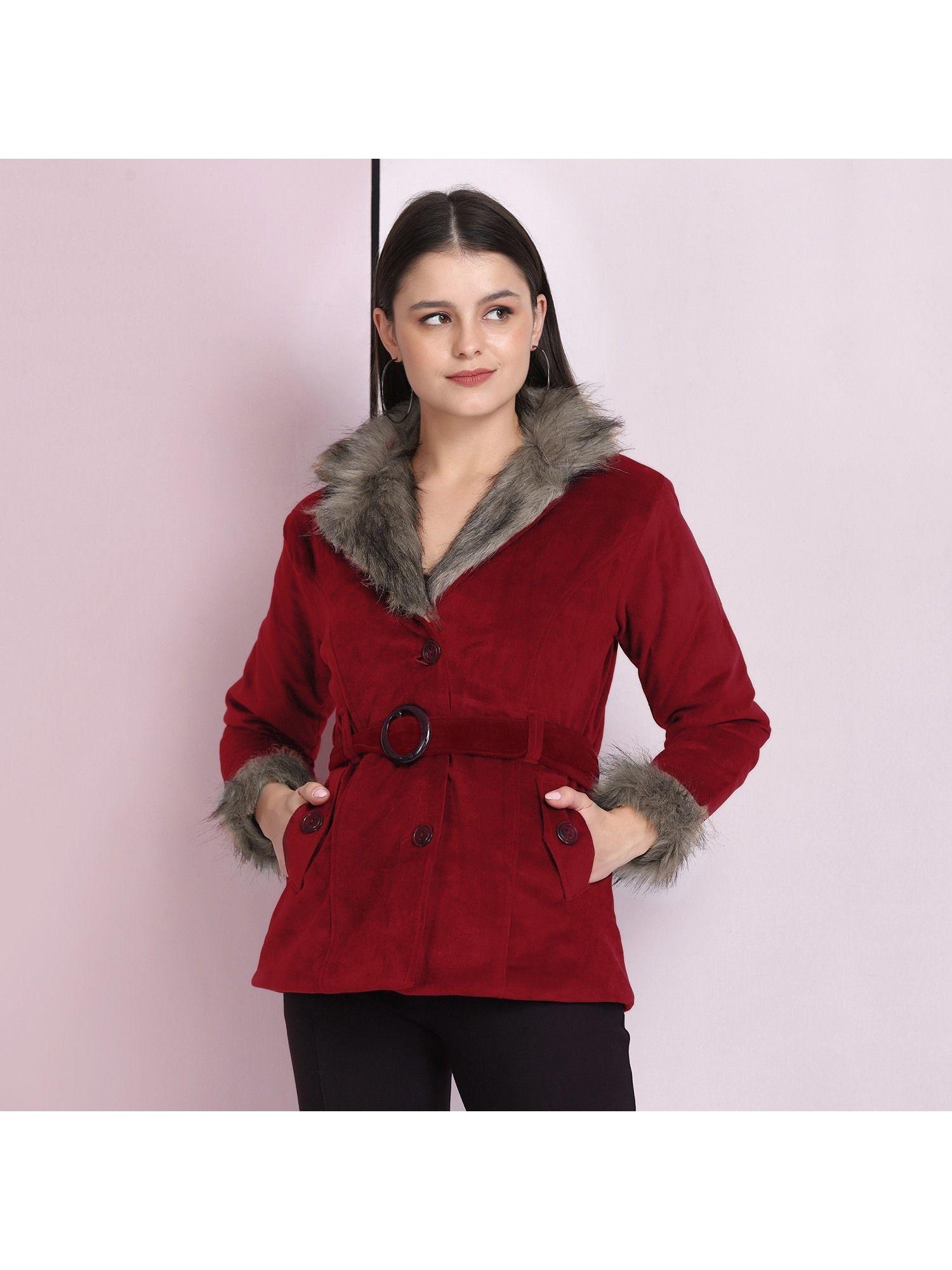 maroon velvet winter coat jacket with belt (set of 2)