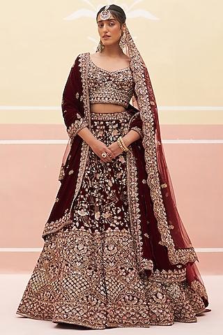 maroon velvet zardosi embroidered lehenga set