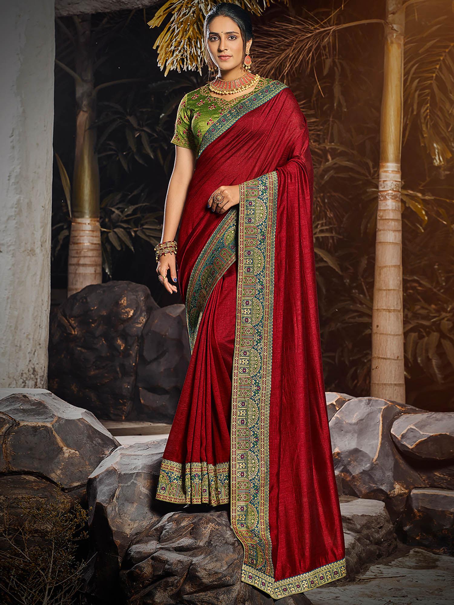 maroon vichitra silk embroidered saree with unstitched blouse