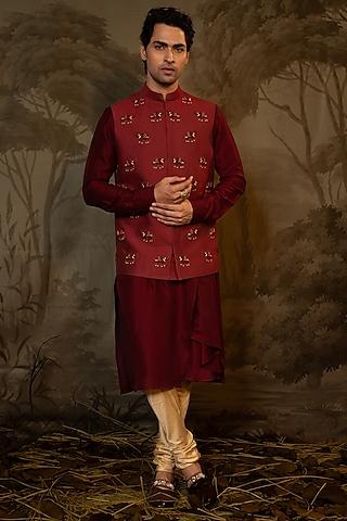 maroon viscose & cotton silk french knot embroidered bundi jacket