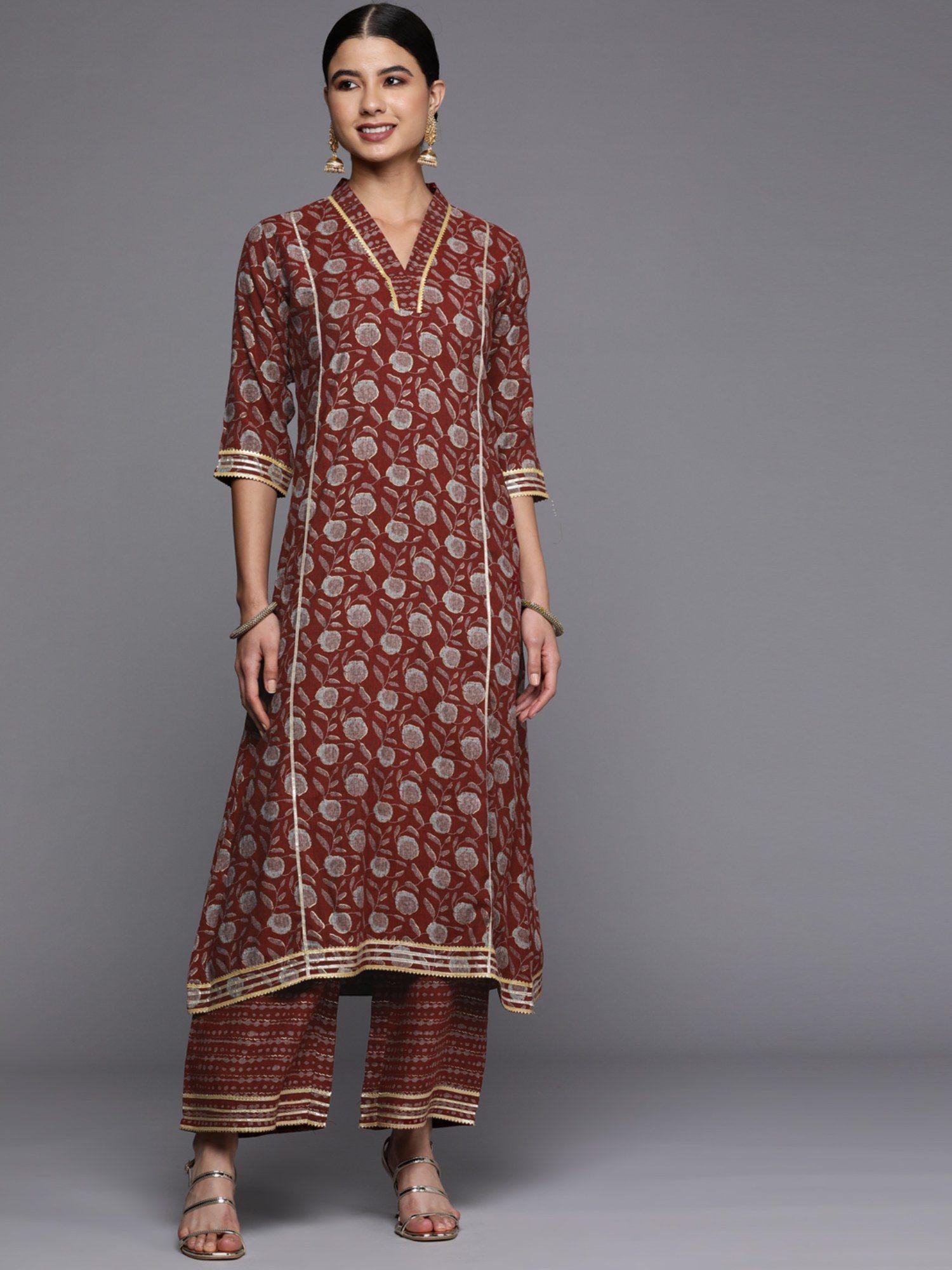 maroon viscose rayon floral printed gota patti a-line kurta