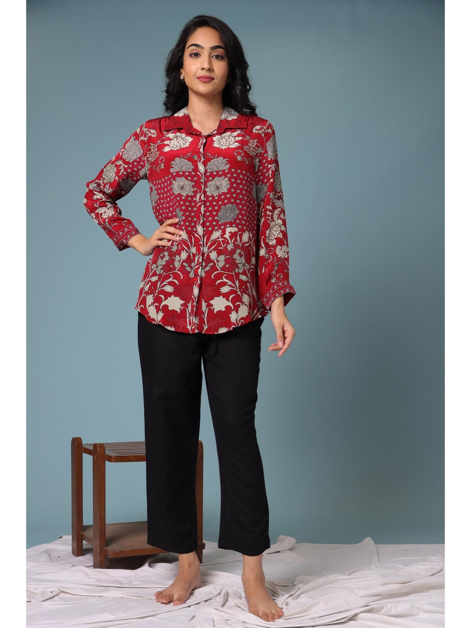 maroon viscose shirt with vinatge prints