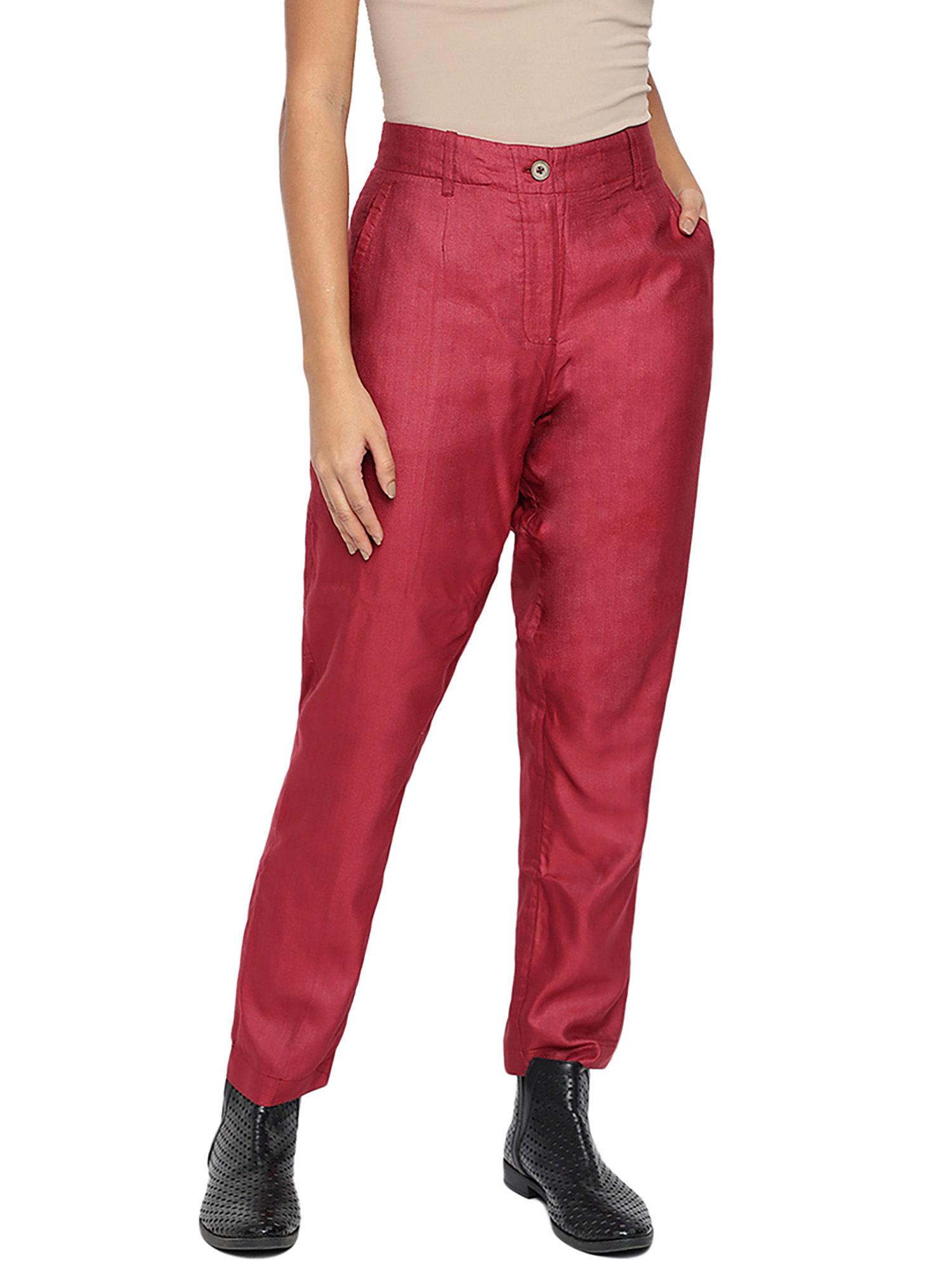 maroon viscose silk slim fit formal pant