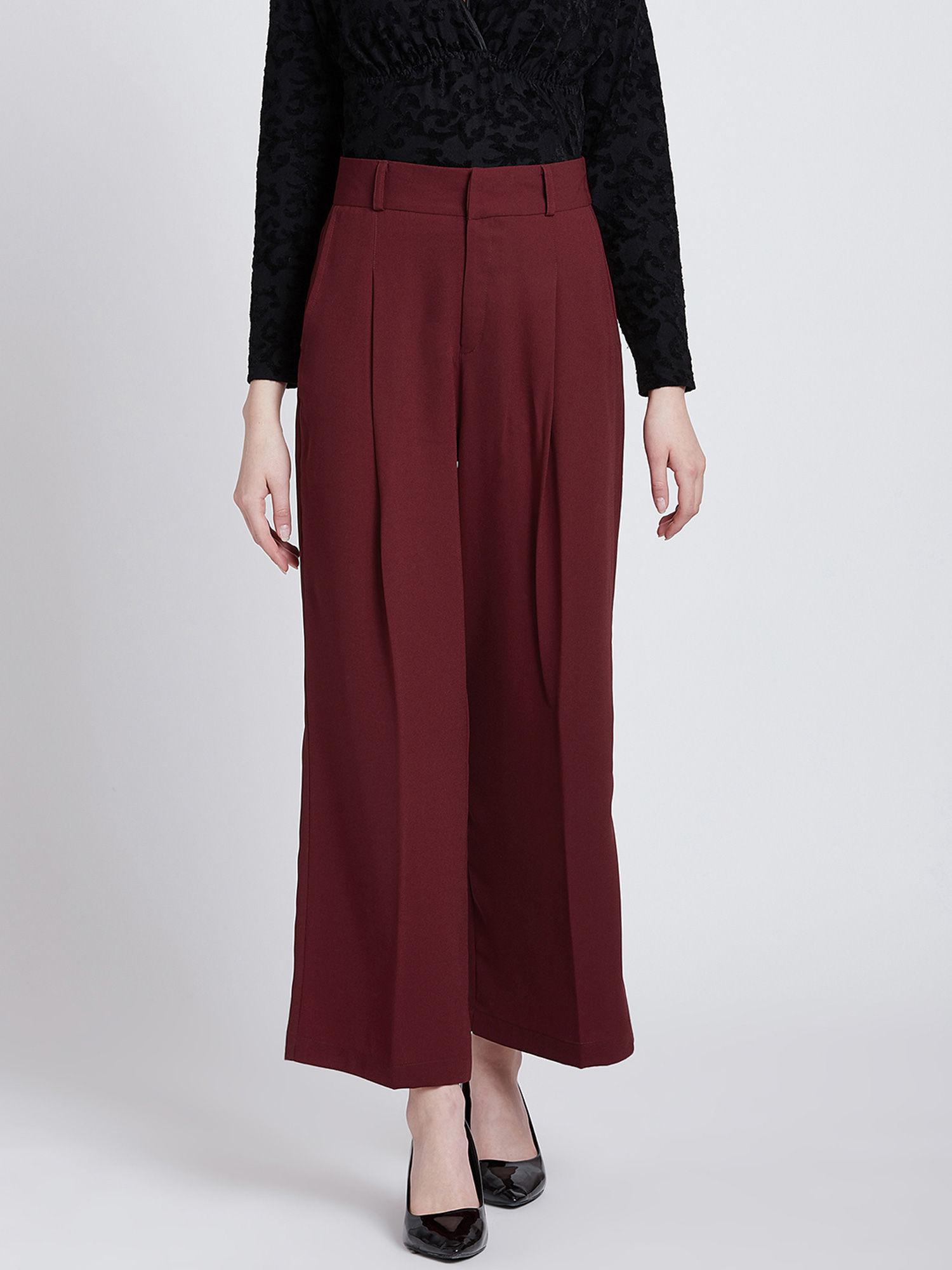 maroon wide leg pleated pants