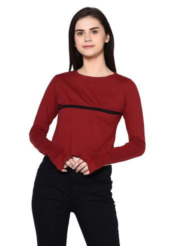 maroon with thumbhole round neck crop top