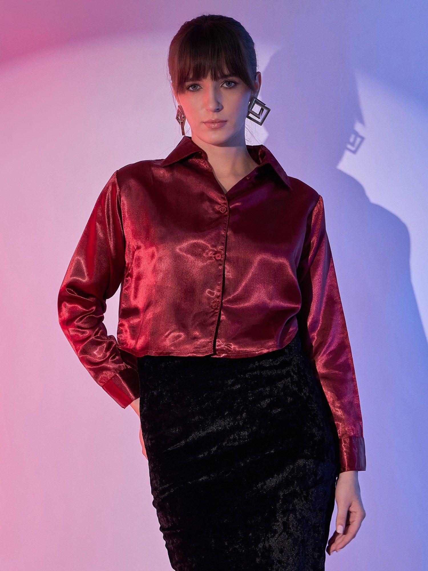 maroon women's cropped satin shirts