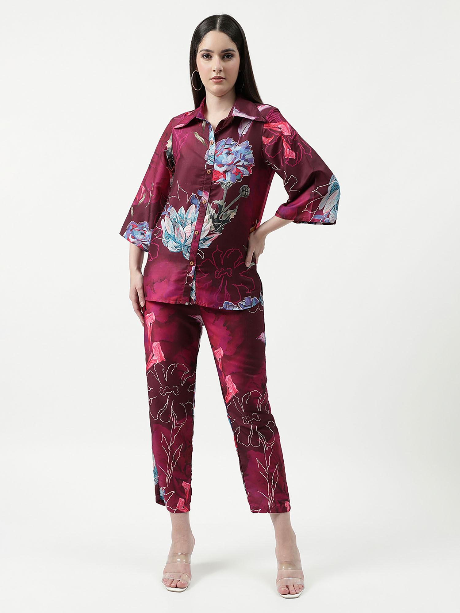 maroon women's floral digital printed loungewear shirt with pant (set of 2)