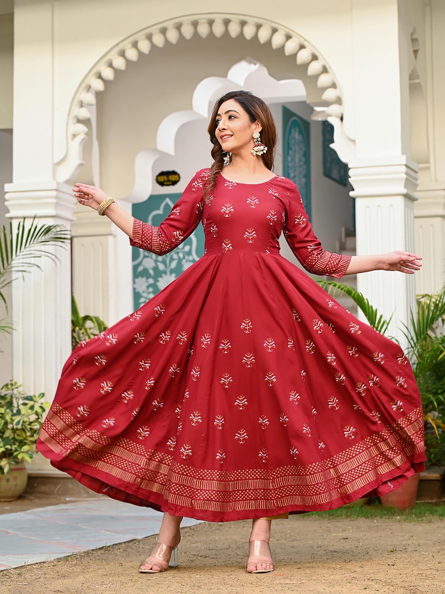 maroon women block printed anarkali kurta