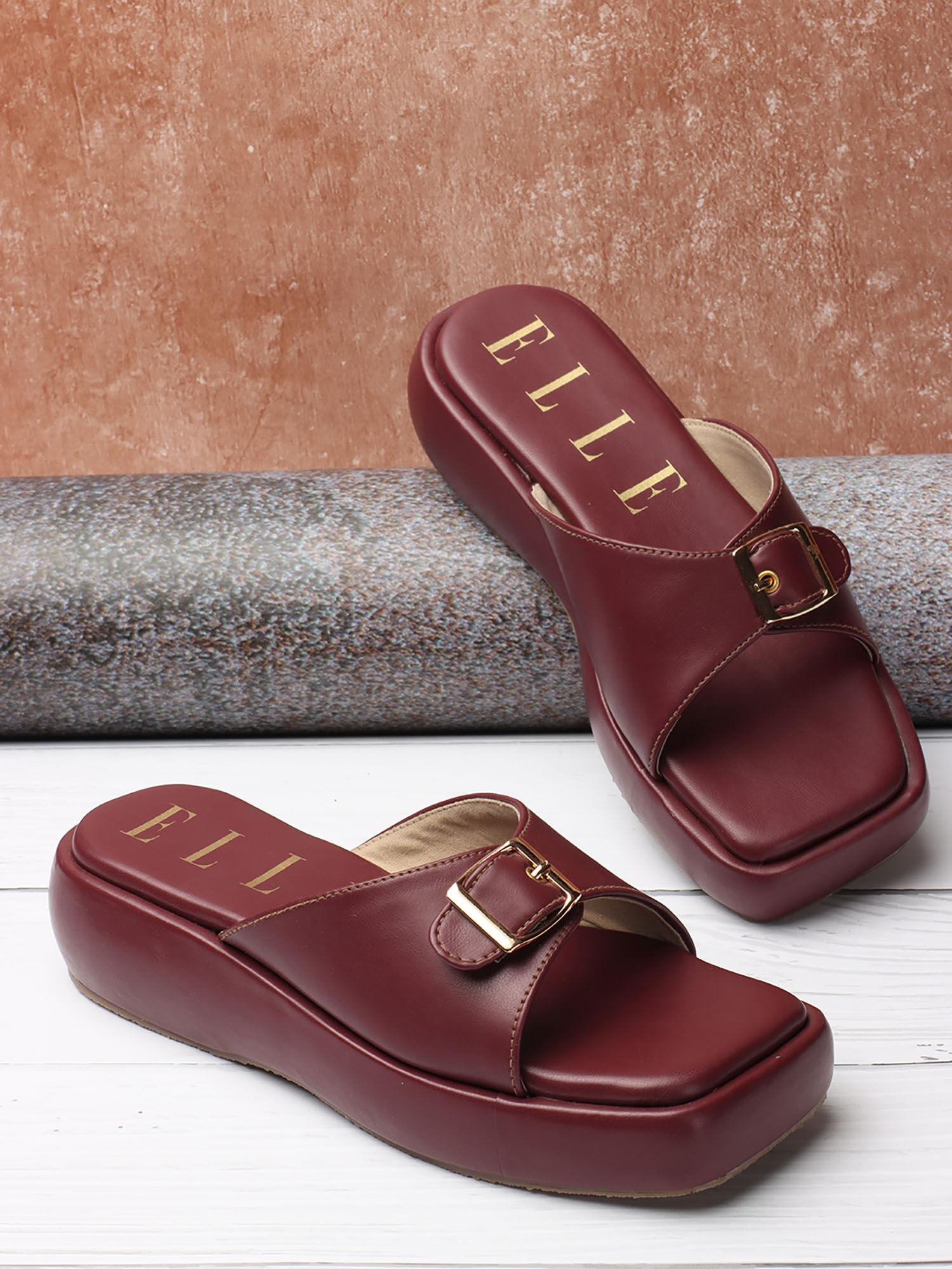 maroon women buckle sliders