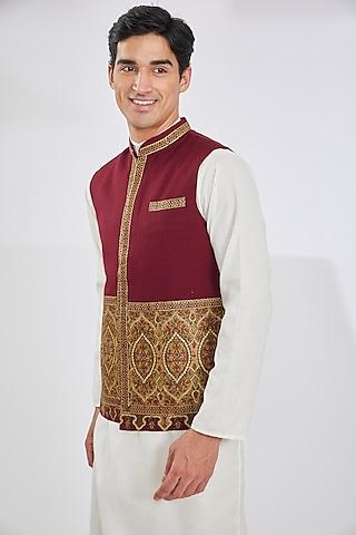 maroon wool blend & viscose embroidered bundi jacket