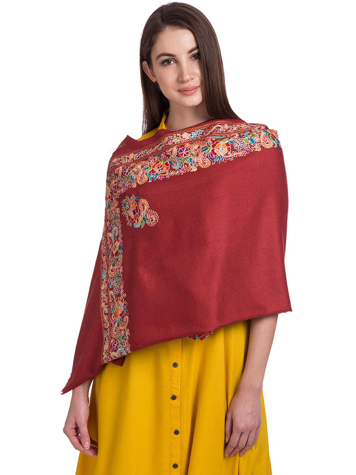 maroon wool blend embroidered women fringed shawl