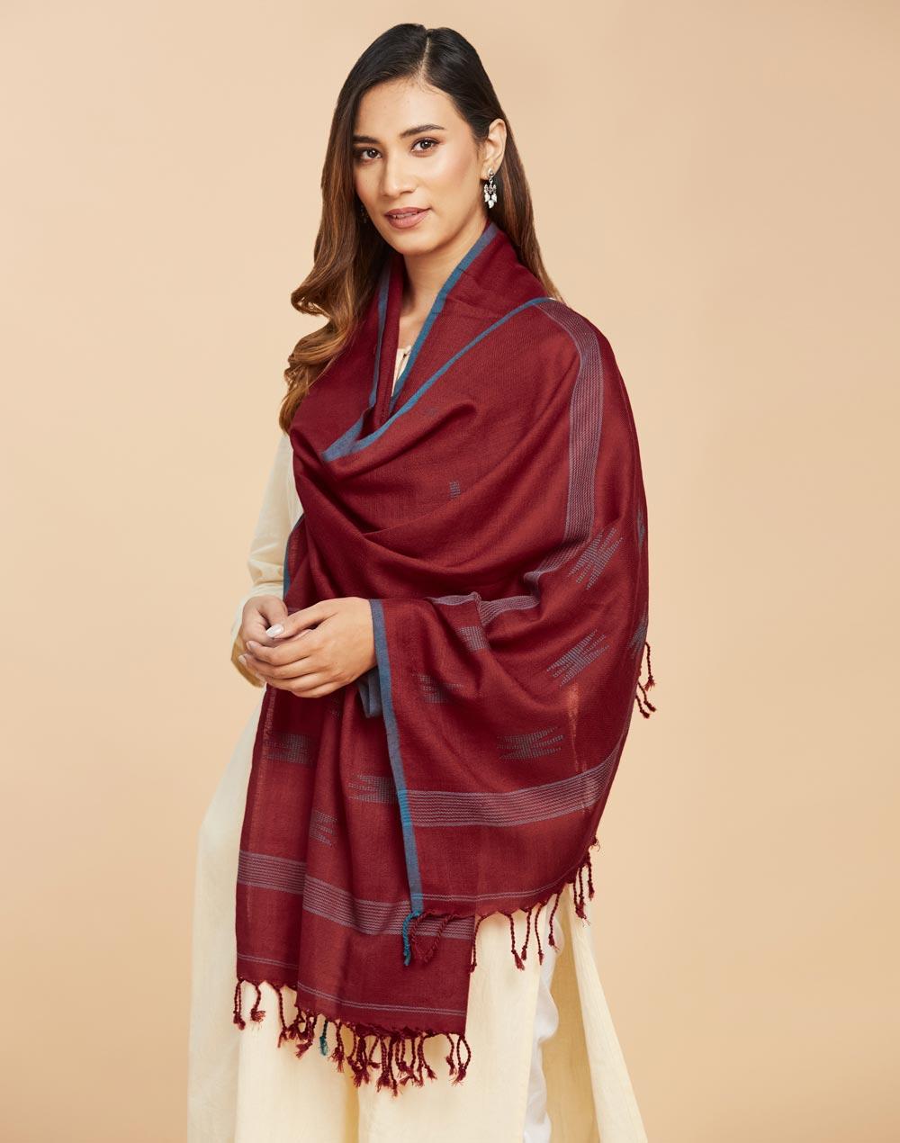 maroon wool woven jamdani stole