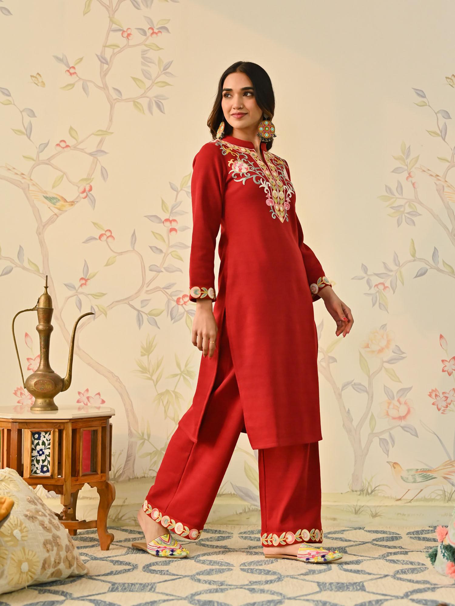 maroon woollen aari embroidered straight kurta with mandarin collar