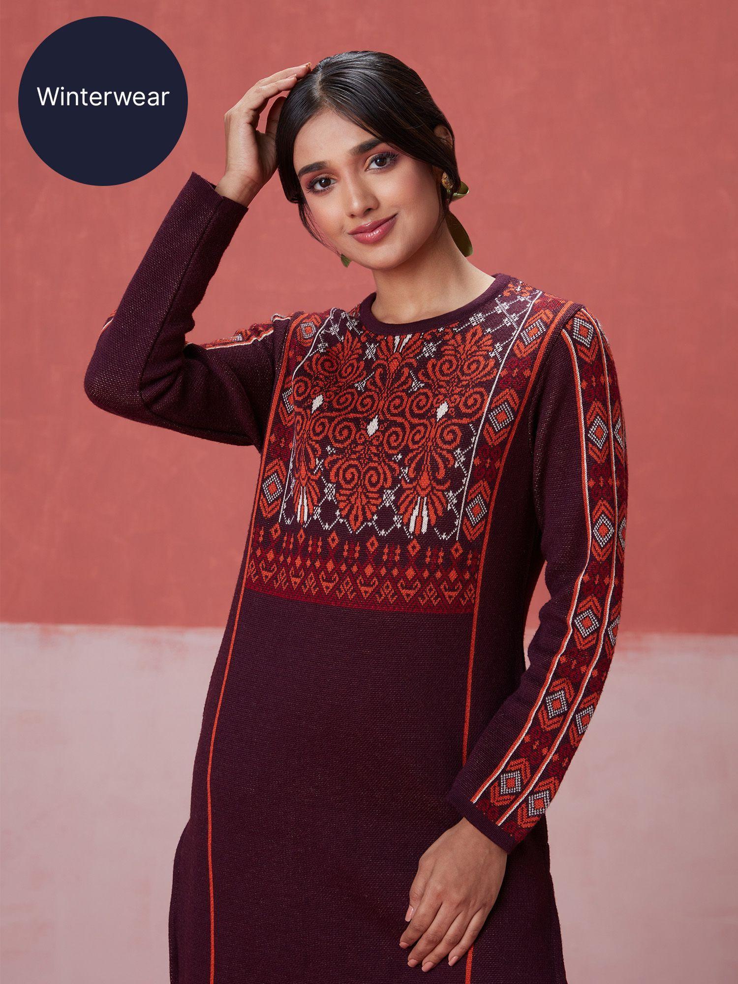 maroon woollen acrylic jacquard winter kurta likww04