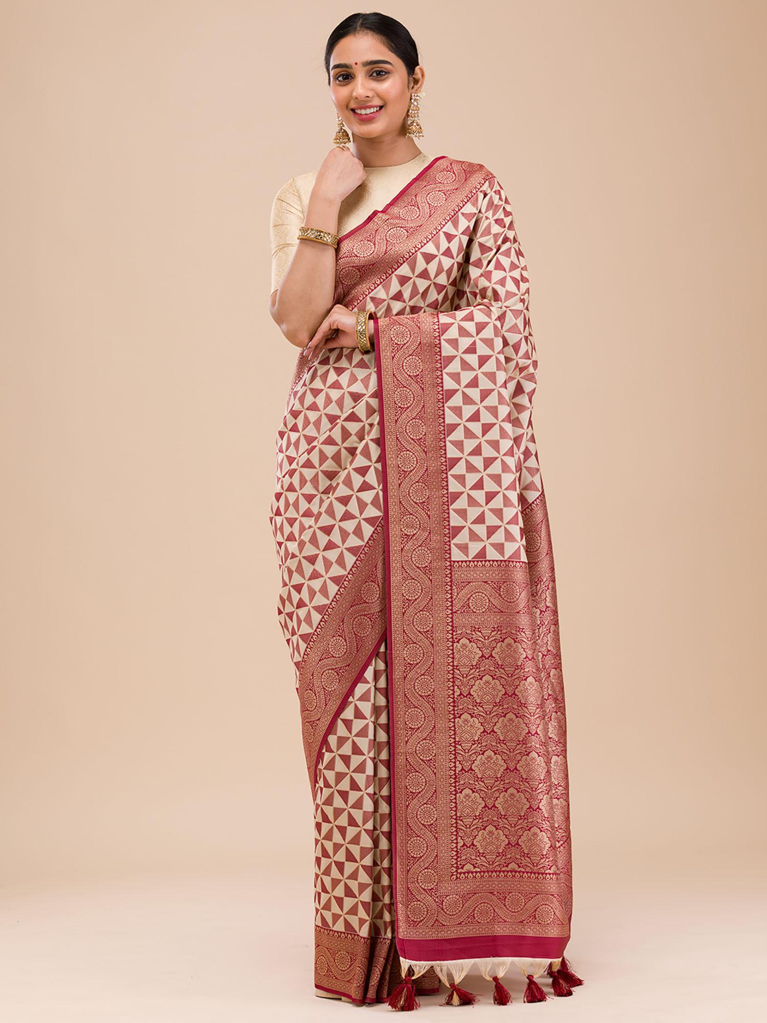 maroon woven- zari work silk saree with unstitched blouse