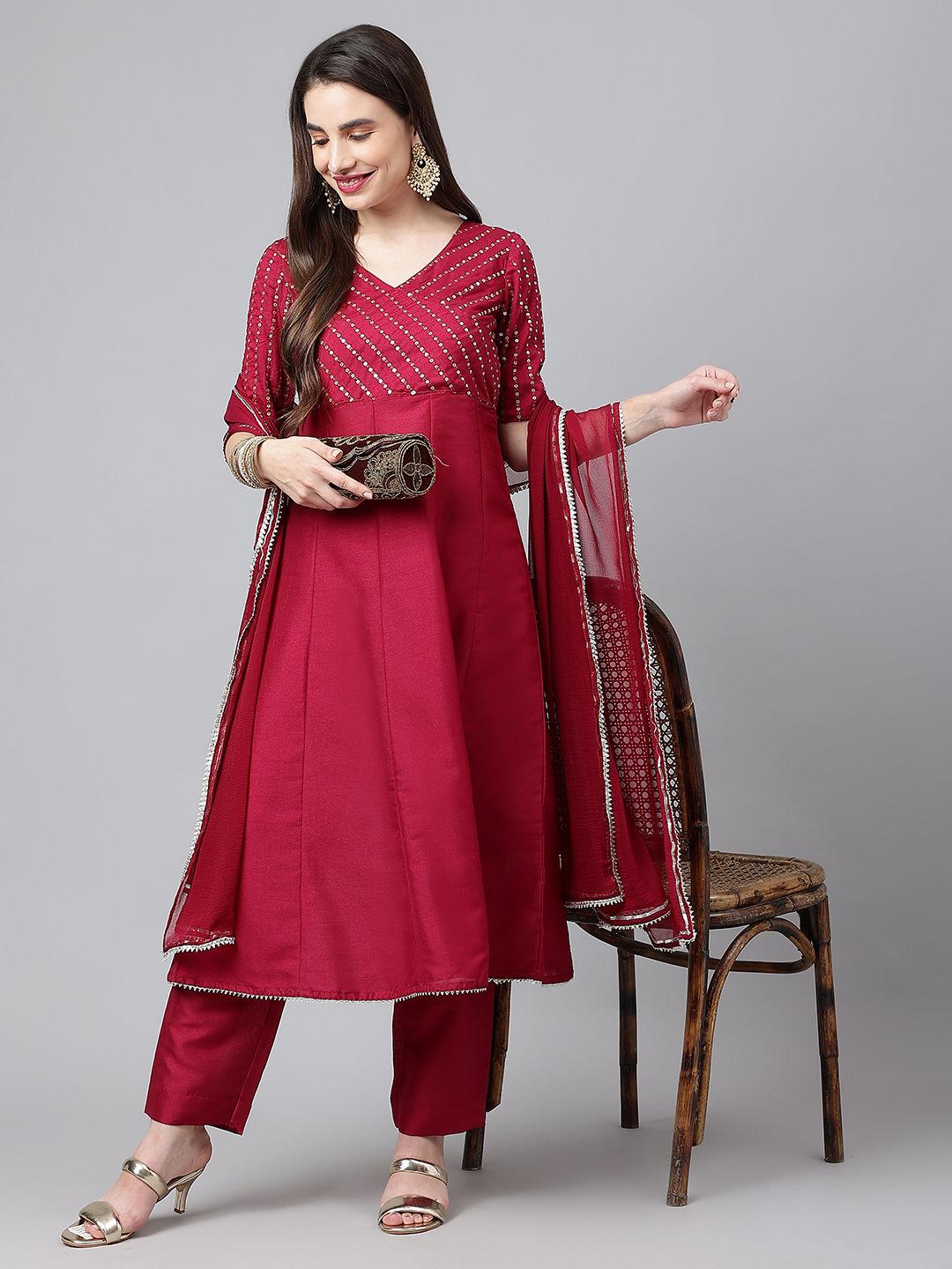 maroon woven design embroidered anarkali kurta with solid trousers & dupatta (set of 3)