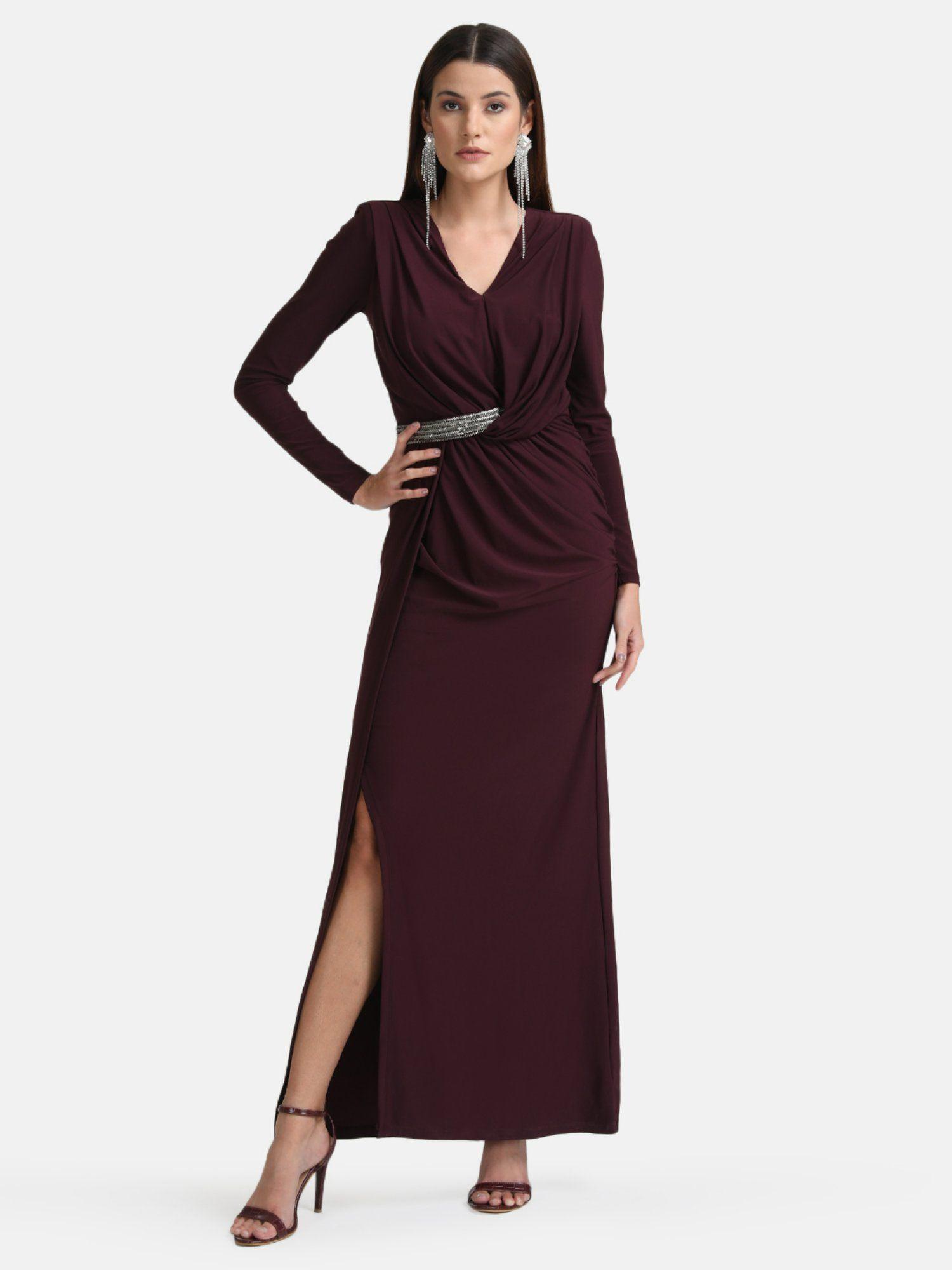 maroon wrap maxi dress with embellished waist detail