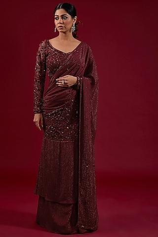 maroon wrinkle shimmer chiffon sequins embroidered pre-draped saree set