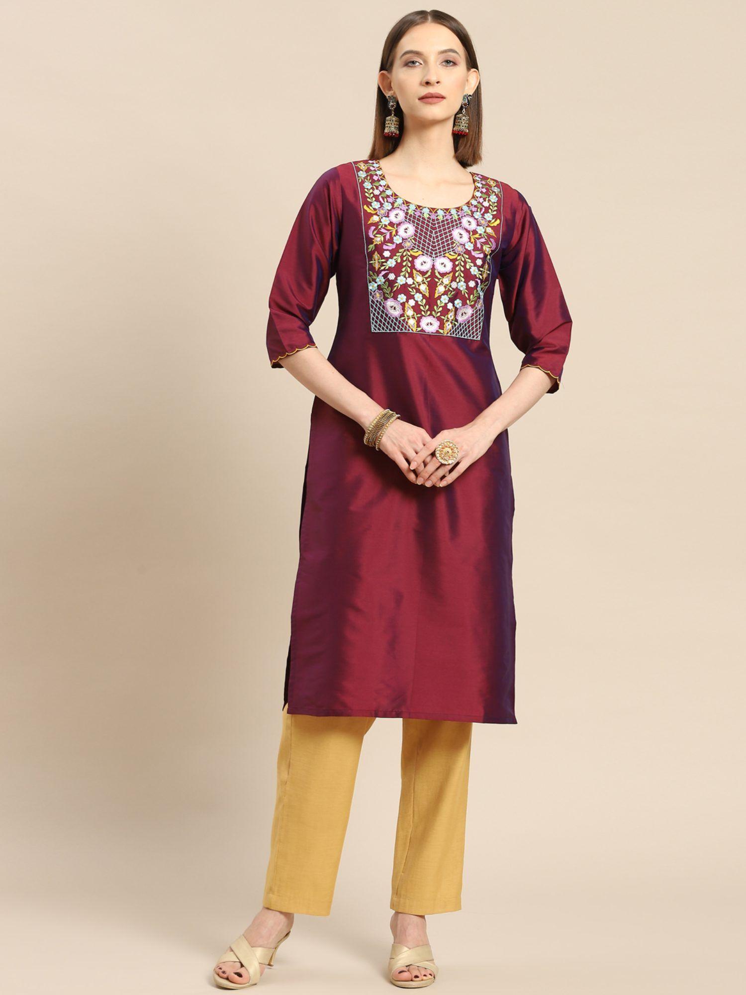 maroon yoke design silk straight kurta