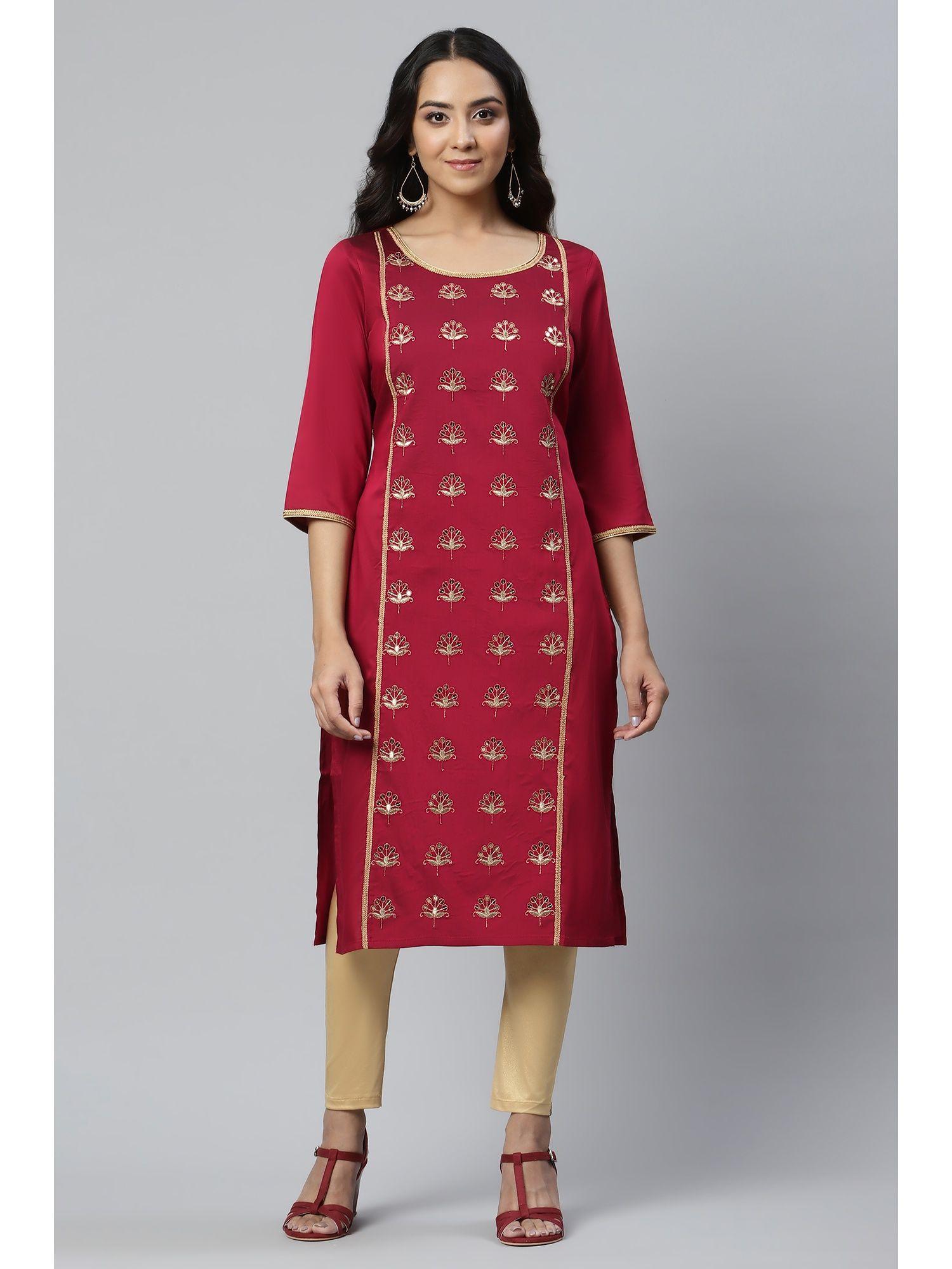 maroon zari embroidered ethnic liva kurta