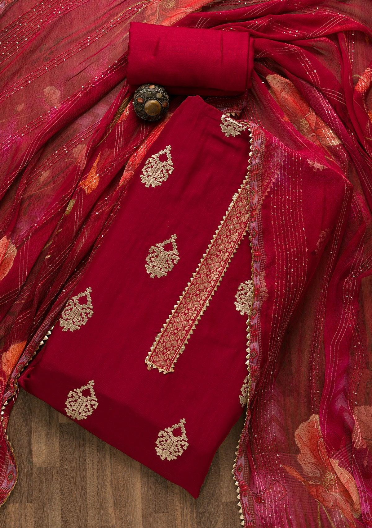 maroon zariwork art silk unstitched salwar suit